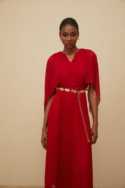 Émilie Red Pleated Maxi Dress with Cape Detail