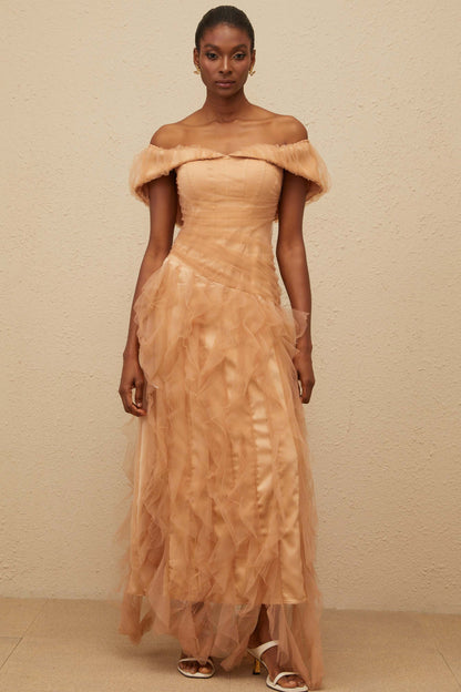 Ivonne Khaki Off-Shoulder Ruffled Tulle Maxi Dress
