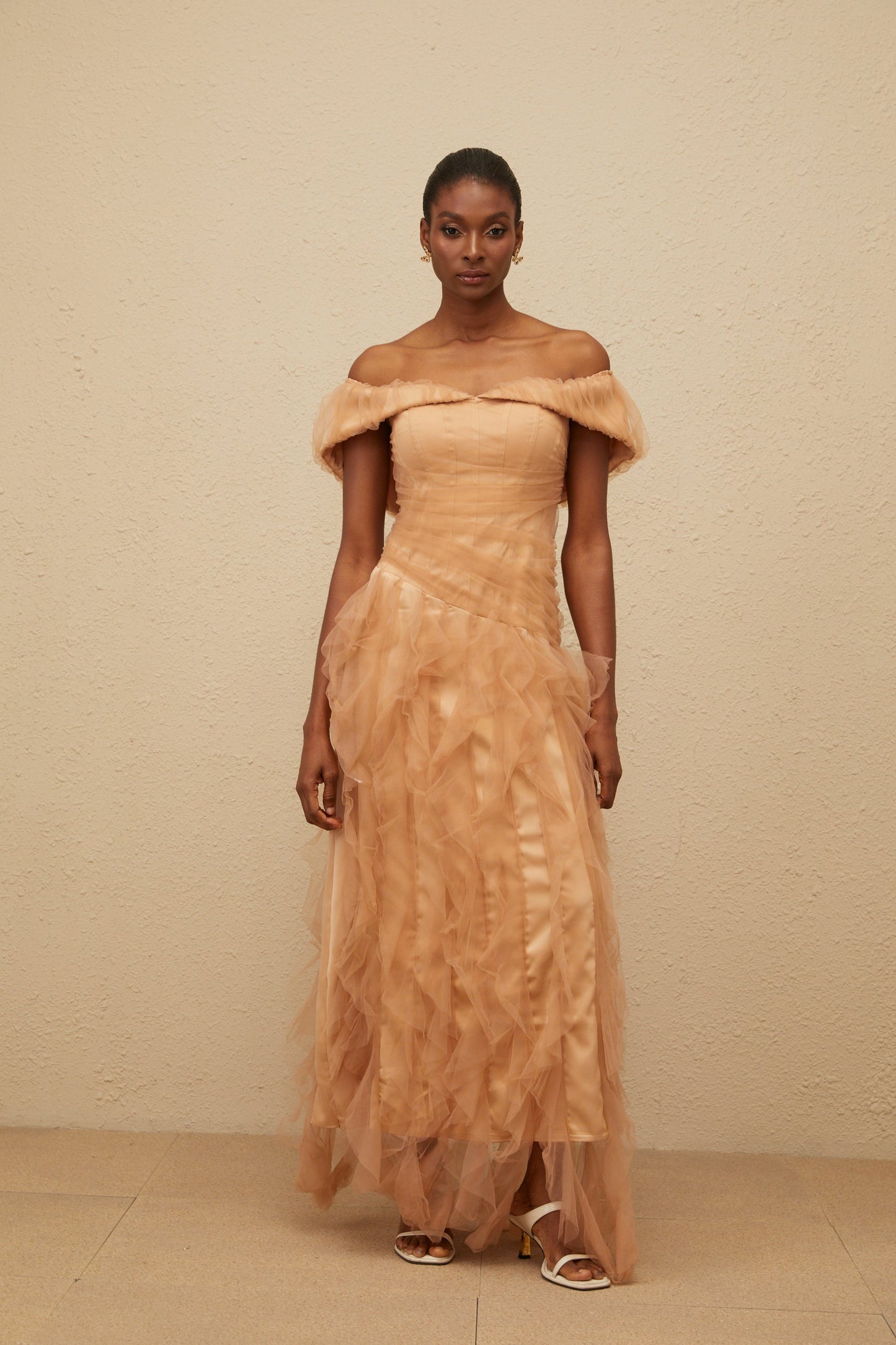 Ivonne Khaki Off-Shoulder Ruffled Tulle Maxi Dress