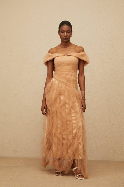 Ivonne Khaki Off-Shoulder Ruffled Tulle Maxi Dress