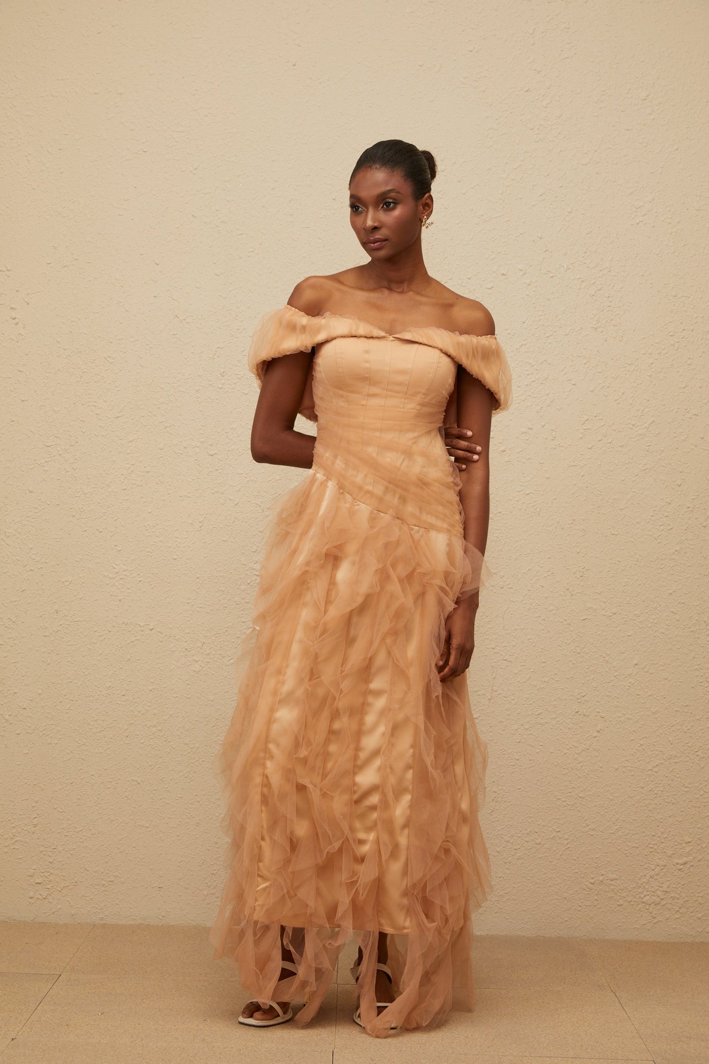 Ivonne Khaki Off-Shoulder Ruffled Tulle Maxi Dress