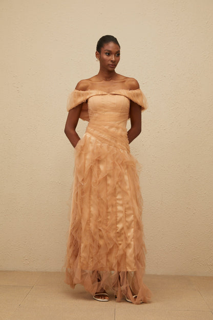 Ivonne Khaki Off-Shoulder Ruffled Tulle Maxi Dress