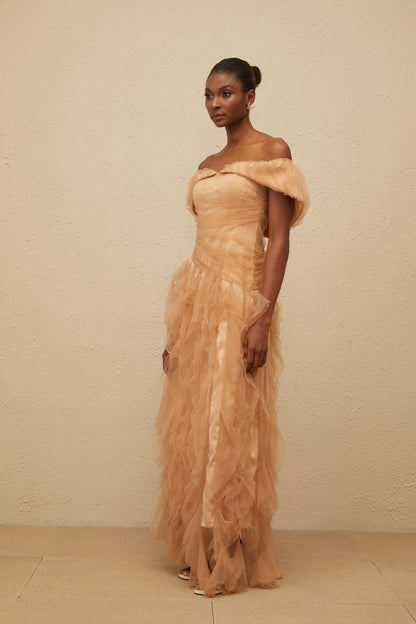 Ivonne Khaki Off-Shoulder Ruffled Tulle Maxi Dress