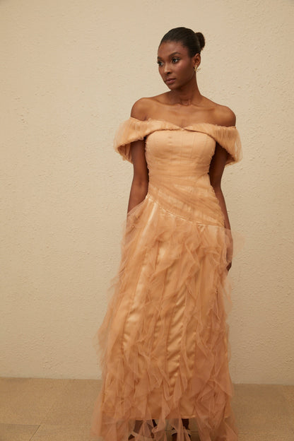 Ivonne Khaki Off-Shoulder Ruffled Tulle Maxi Dress