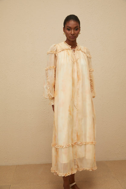 Lecollet Beige Ruffled Tie-Dye Midi Dress