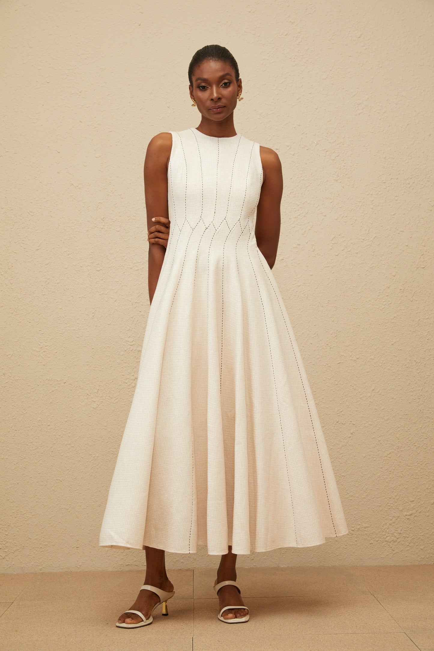 Délicatesse Neutral Shirred Textured Midi Dress
