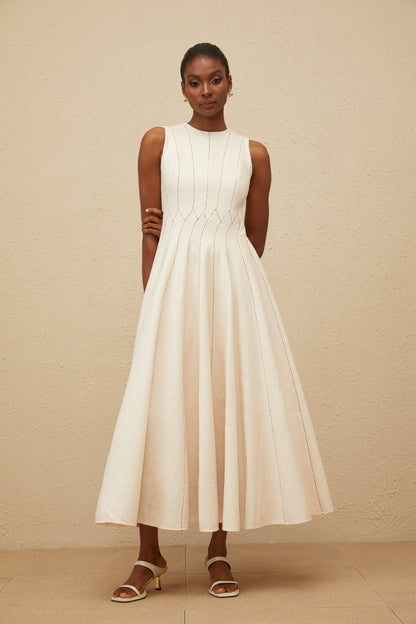Délicatesse Neutral Shirred Textured Midi Dress