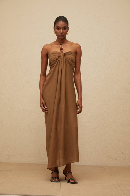 Ludivine Brown Ruched Maxi Dress with Beaded Straps