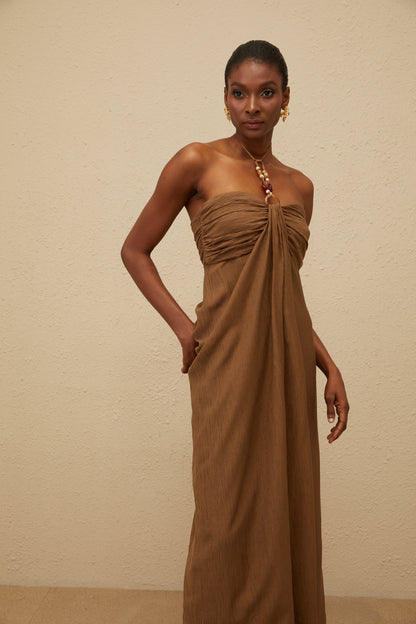 Ludivine Brown Ruched Maxi Dress with Beaded Straps