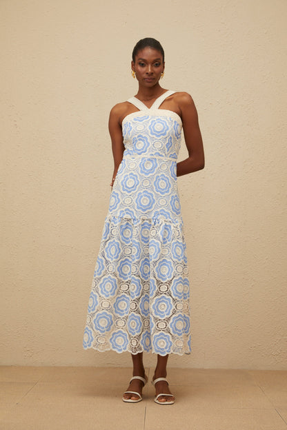 Frivole Blue Crochet Floral Midi Dress