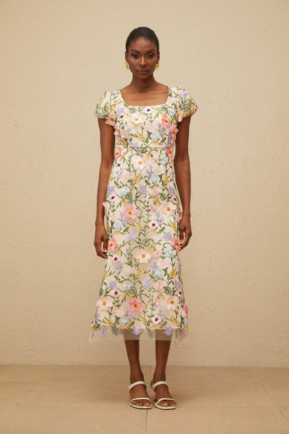 Enjouée Neutral Floral Embroidered Midi Dress