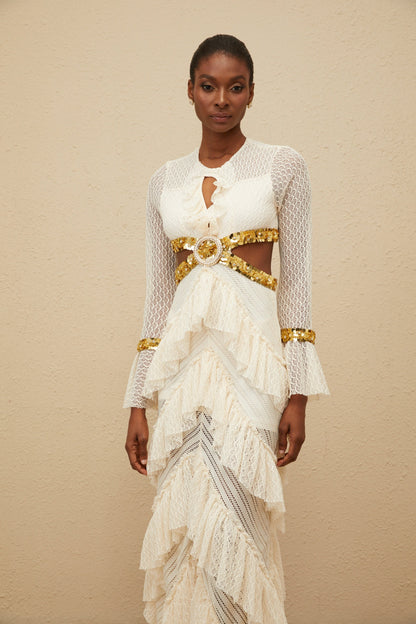 Dorée Neutral Ruffled Sequin Lace Maxi Dress