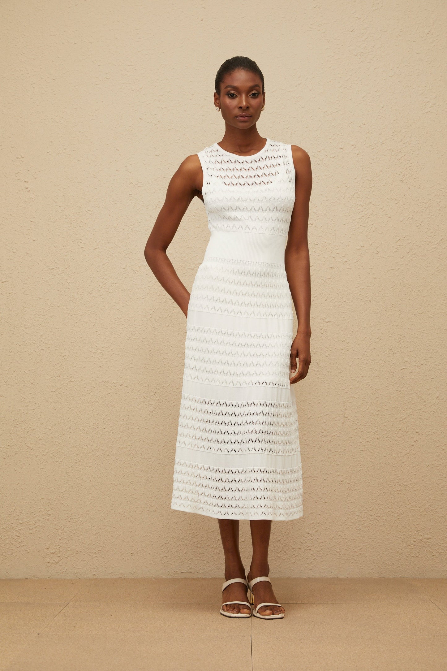 Clothilde White Shirred Crochet Knit Midi Dress