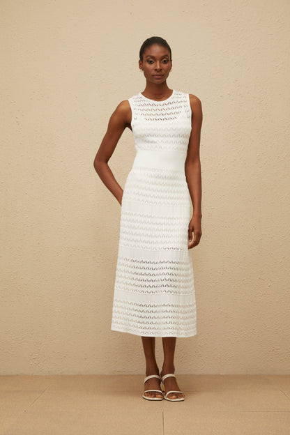 Clothilde White Shirred Crochet Knit Midi Dress