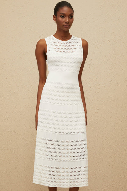 Clothilde White Shirred Crochet Knit Midi Dress