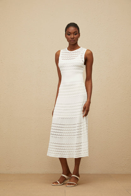 Clothilde White Shirred Crochet Knit Midi Dress