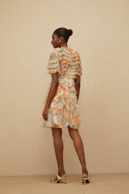 Danaé Orange Tiered Tulle Floral Print Mini Dress