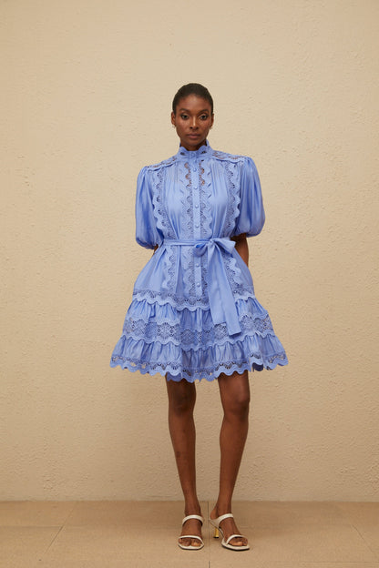 Poema Blue Tiered Motif Embroidered Mini Dress