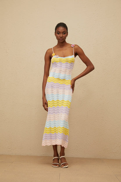 Véronique Pink Wave Knit Crochet Midi Dress