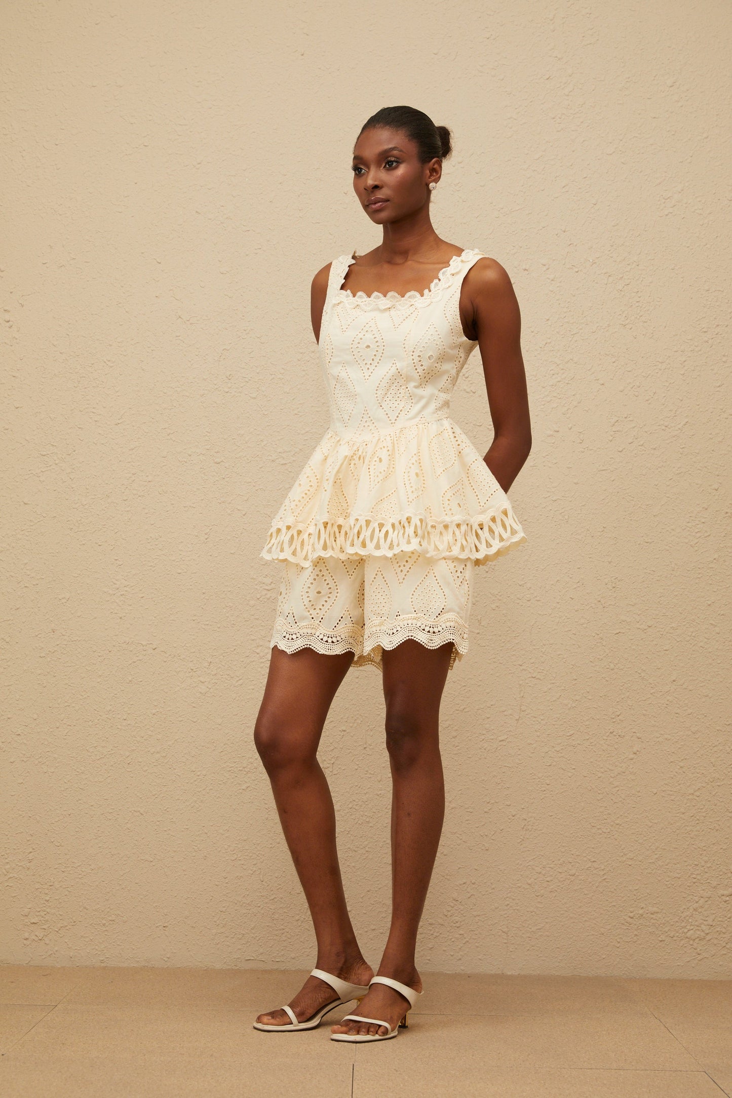 Katell Beige Embroidered Cutout Co-ord Set