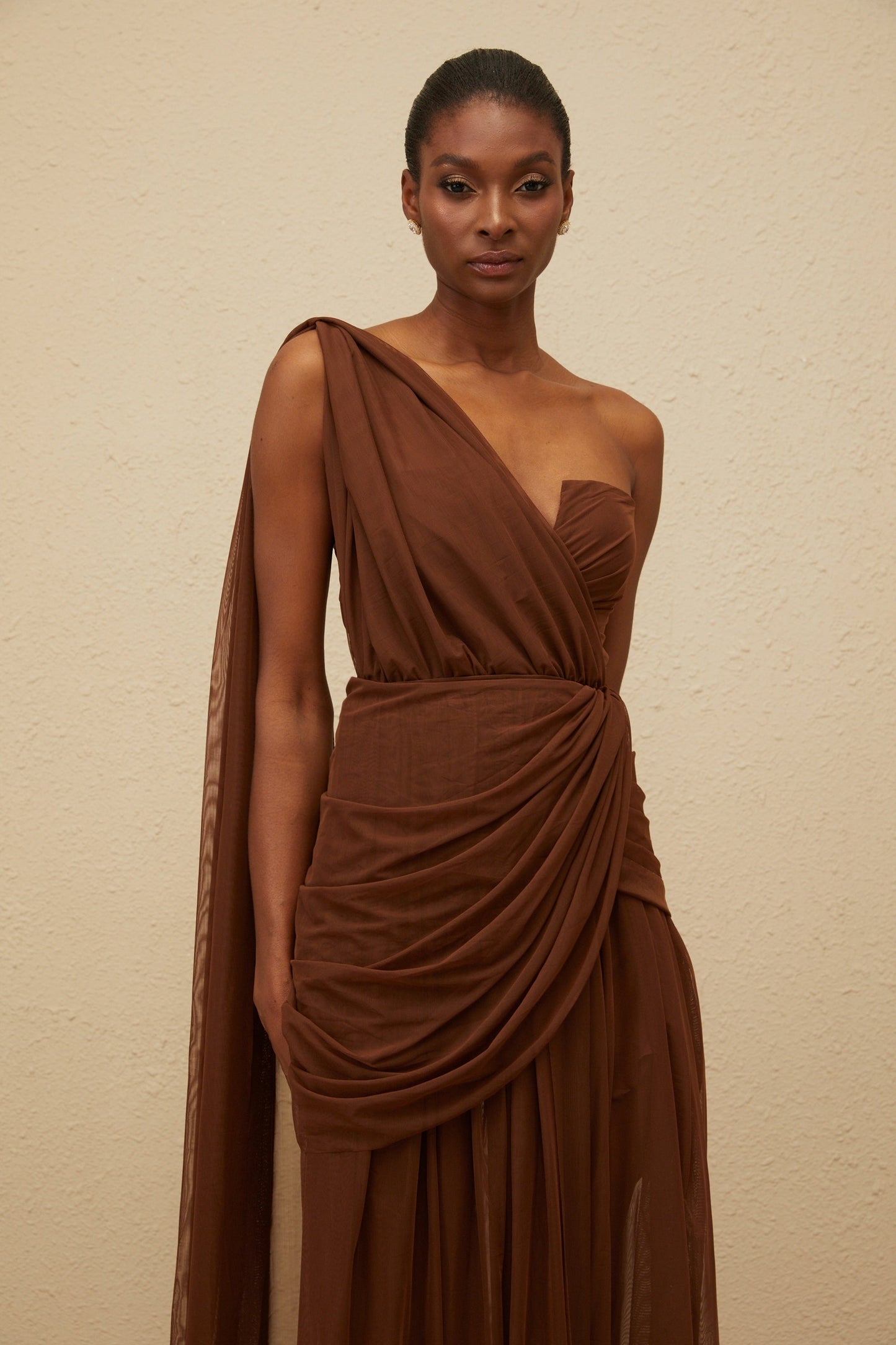 Agathe Brown Asymmetrical Evening Maxi Gown