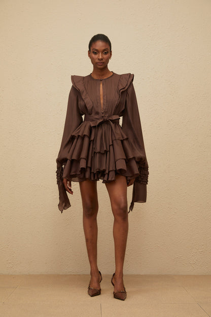 Annabelle Brown Cutout Ruffled Mini Dress