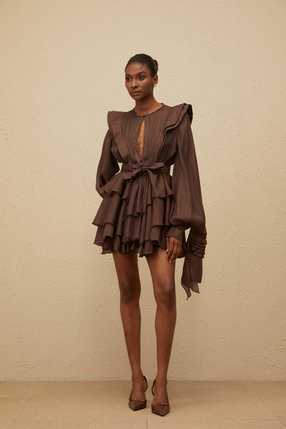 Annabelle Brown Cutout Ruffled Mini Dress