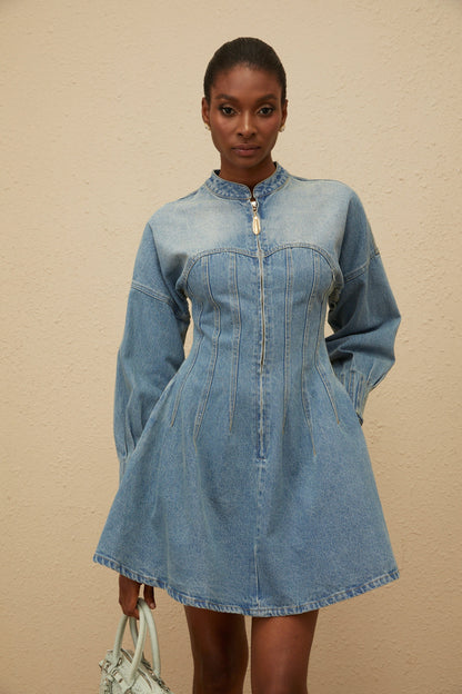 Esme Blue Flared Denim Mini Dress