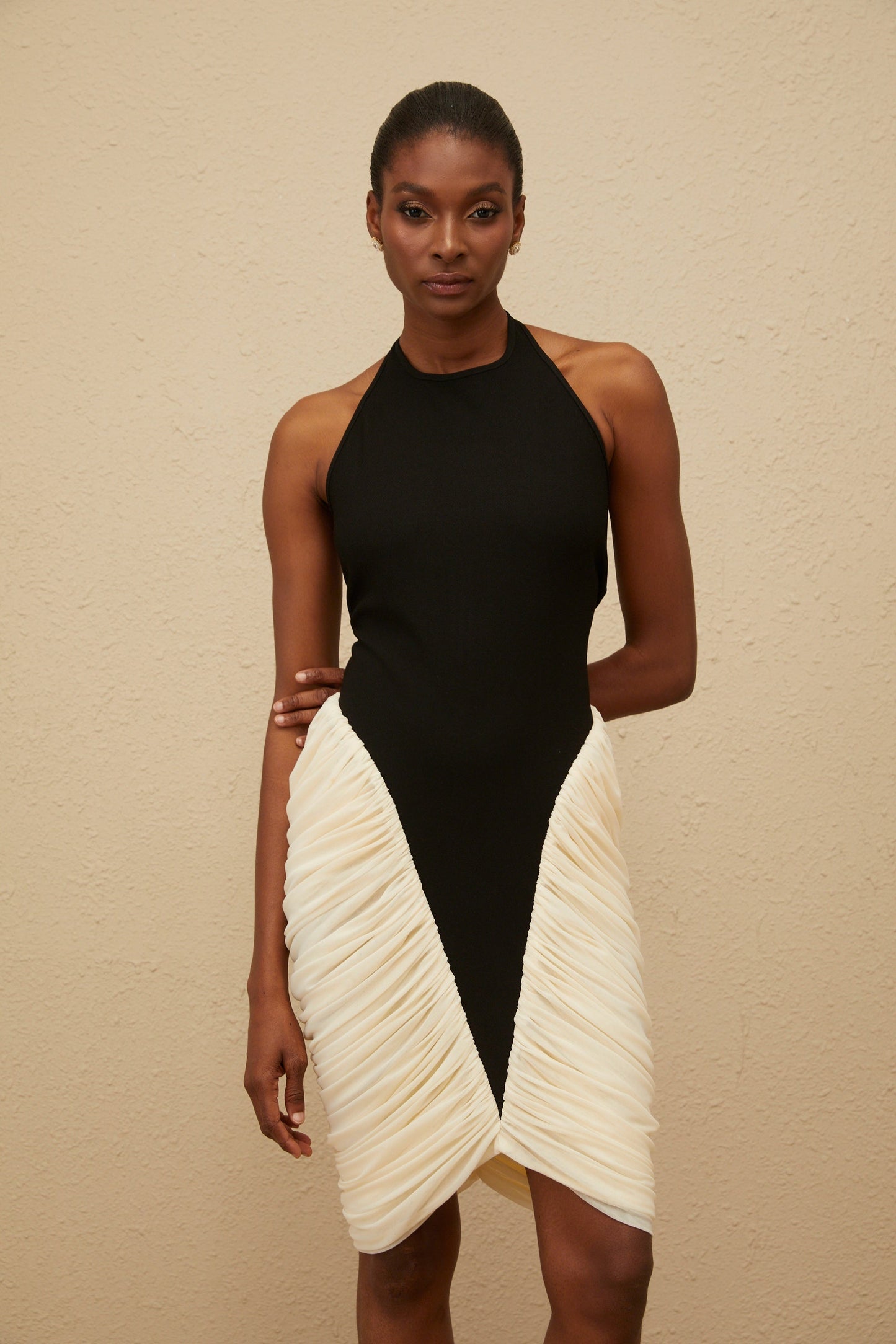 Jade Black Ruched Halterneck Midi Bodycon Dress