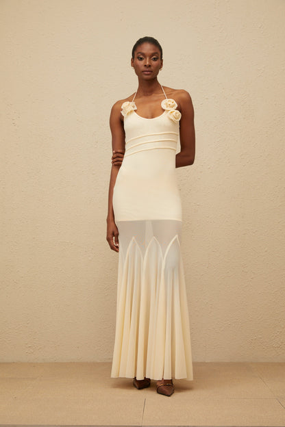 Vague Neutral 3D Petal Mesh Maxi Dress