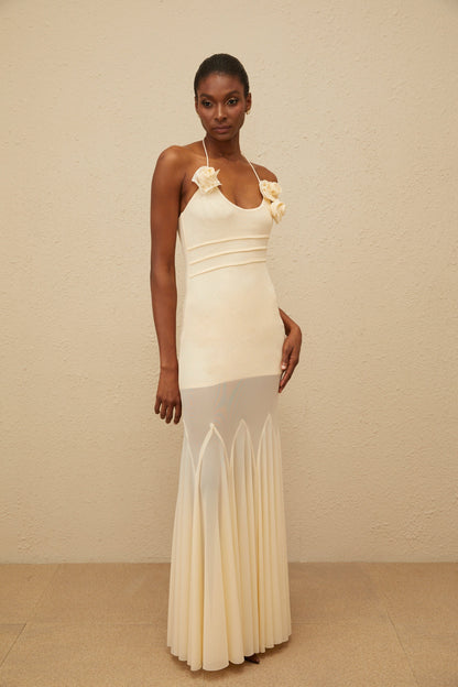 Vague Neutral 3D Petal Mesh Maxi Dress