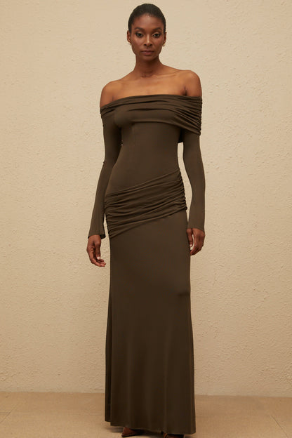 Sensuelle Green One-Shoulder Ruched Maxi Dress
