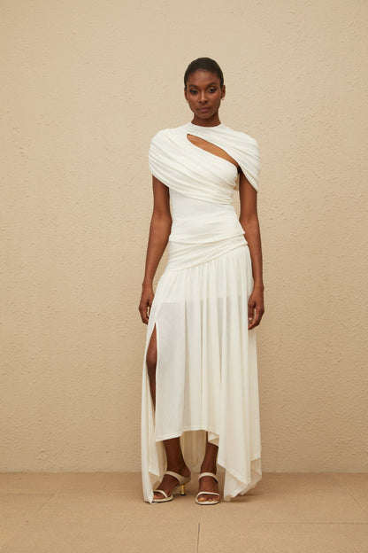 Velours White Asymmetrical Top & Skirt Set