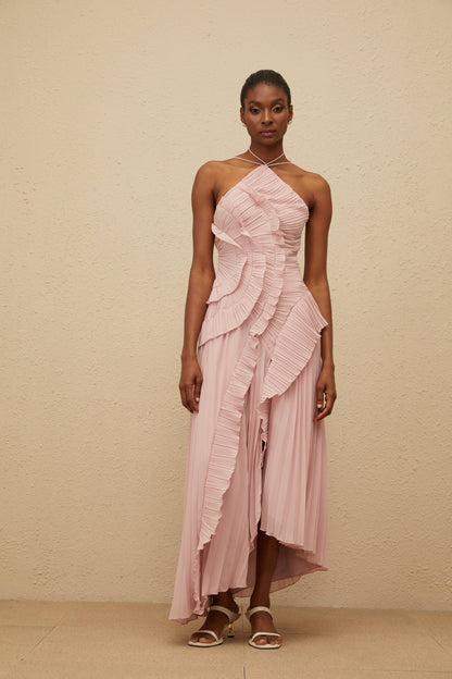 Doux Pink Ruffled Trim Pleated Midi Dress