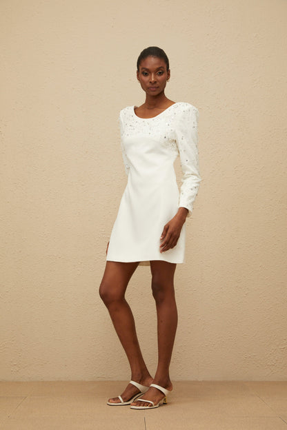 Aurore White Embellished A-line Mini Dress