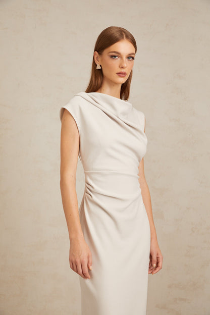 Jeanne Grey Ruched Pencil Midi Dress