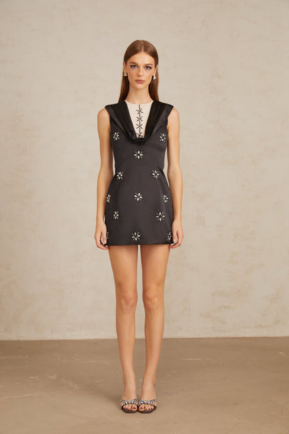 Ludivine Black A-Line Embellished Mini Dress