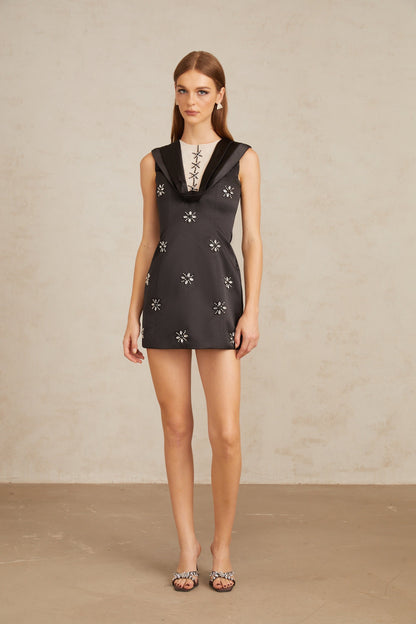Ludivine Black A-Line Embellished Mini Dress