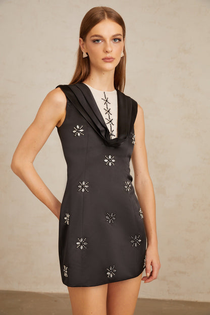 Ludivine Black A-Line Embellished Mini Dress