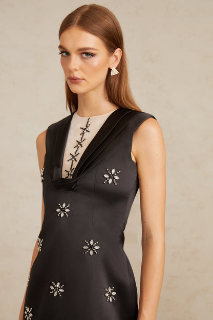 Ludivine Black A-Line Embellished Mini Dress
