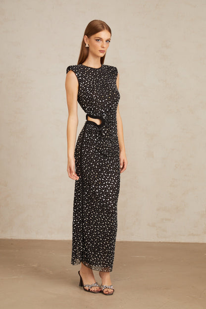 Félicie Black Embellished Mesh Maxi Gown
