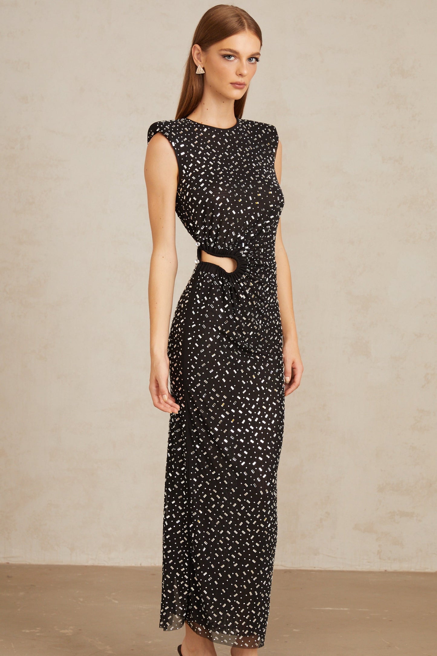 Félicie Black Embellished Mesh Maxi Gown