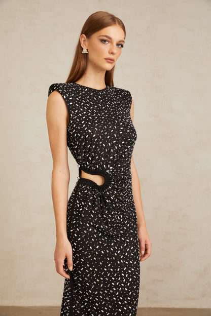 Félicie Black Embellished Mesh Maxi Gown