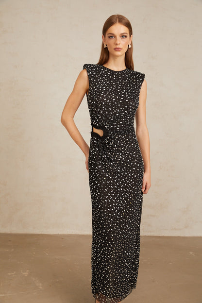 Félicie Black Embellished Mesh Maxi Gown