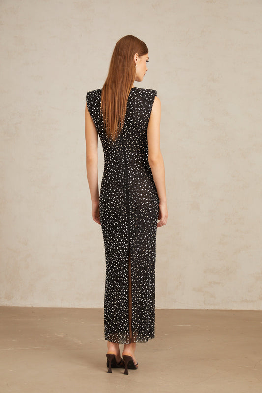 Félicie Black Embellished Mesh Maxi Gown