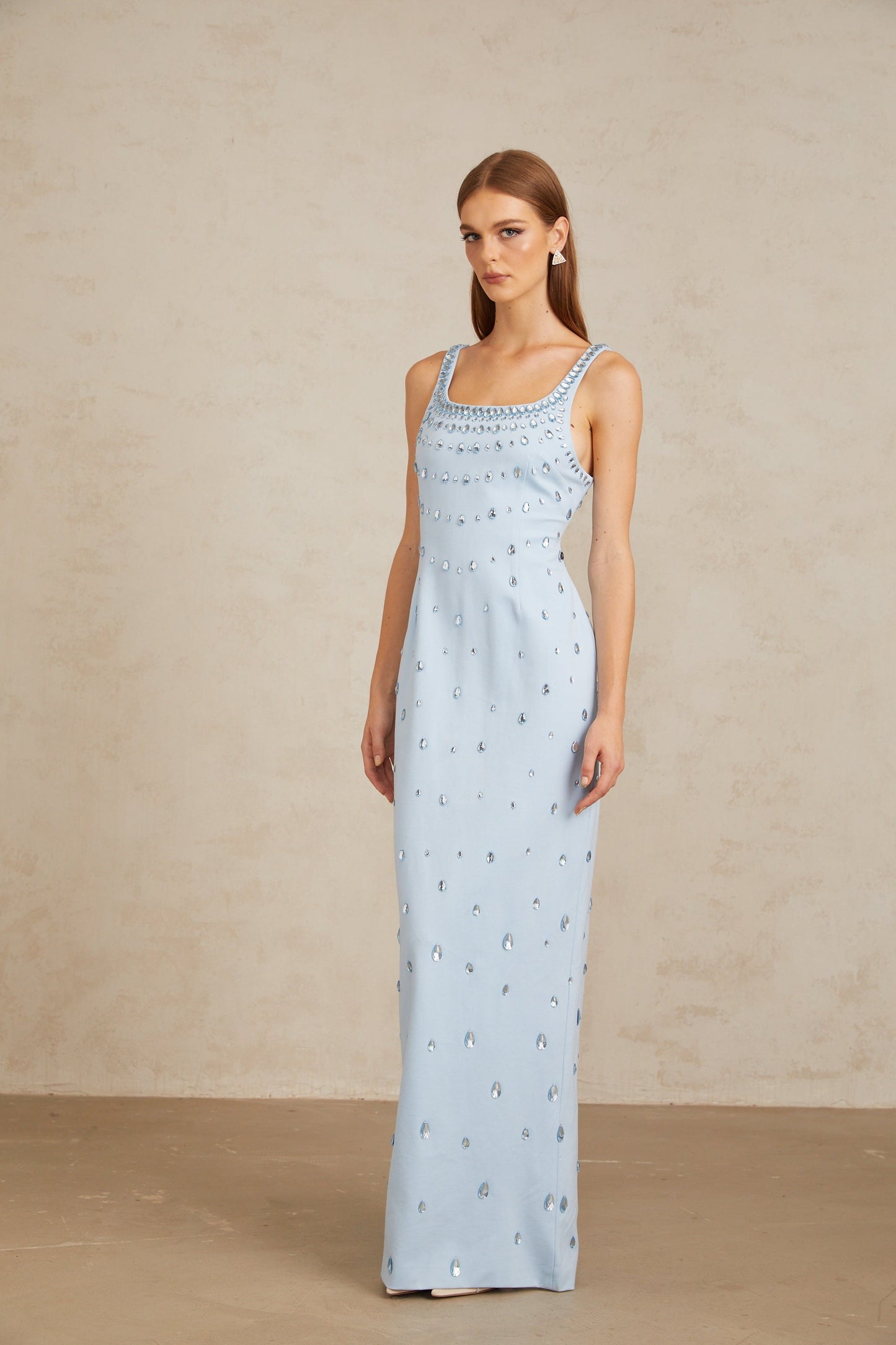 Meris Blue Crystal Embellished Maxi Gown