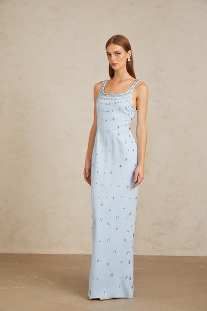 Meris Blue Crystal Embellished Maxi Gown