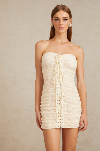 Givrée Neutral Floral Lace Mini Dress