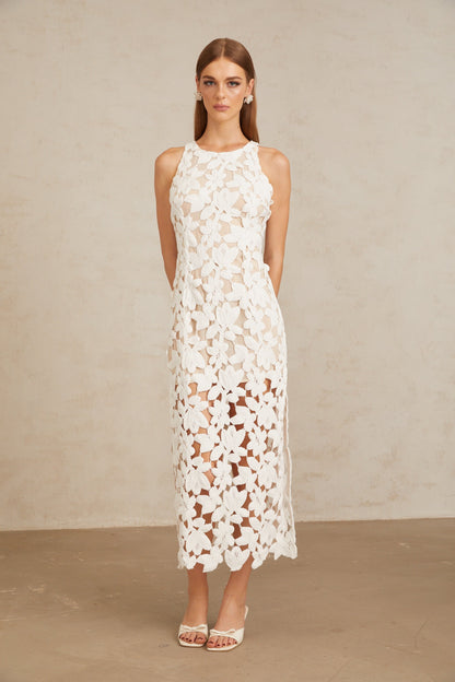 Wilhelmine White Cutout Embroidered Floral Midi Dress