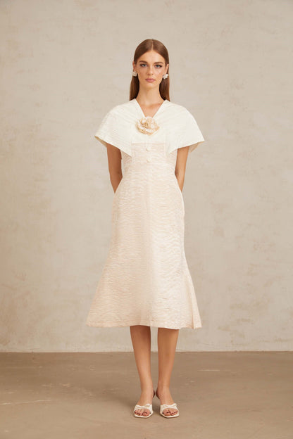 Clémence White Textured Midi Dress with 3D Petal